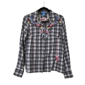 Survival Black Plaid Floral Embroidered Studded Pearl Snap Shirt S Western Boho
